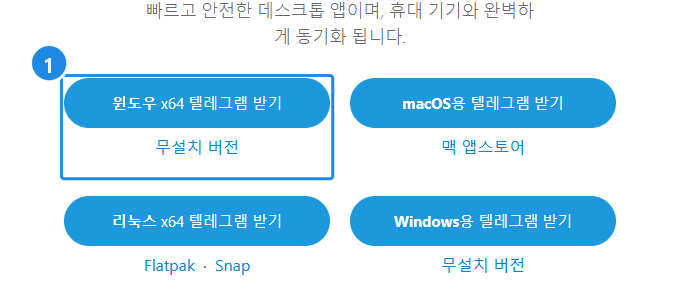 desktop.telegram.org 모든 플랫폼 보기 — 윈도우 x64 받기·무설치 버전 등