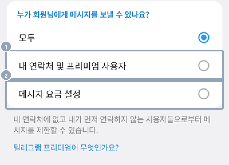 안드로이드 설정 › 개인 및 보안 › 메시지 — 누가 회원님에게 메시지를 보낼 수 있나요? 모두 · 내 연락처 및 프리미엄 사용자 · 메시지 요금 설정