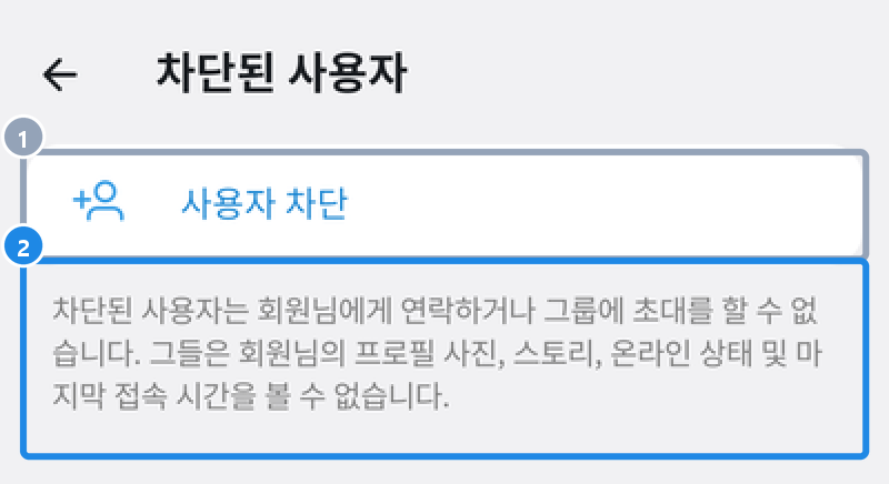 안드로이드 텔레그램 설정 › 개인 및 보안 › 차단된 사용자 화면 — 사용자 차단 단추와 차단의 효과 설명