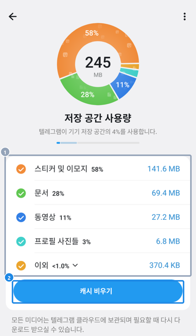 안드로이드 텔레그램 데이터 및 저장소 › 저장 공간 사용량 화면 — 종류별 크기와 캐시 비우기 단추