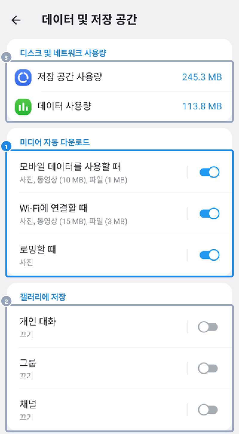 안드로이드 텔레그램 설정 › 데이터 및 저장소 화면 — 미디어 자동 다운로드의 모바일 데이터 · Wi-Fi · 로밍과 갤러리에 저장