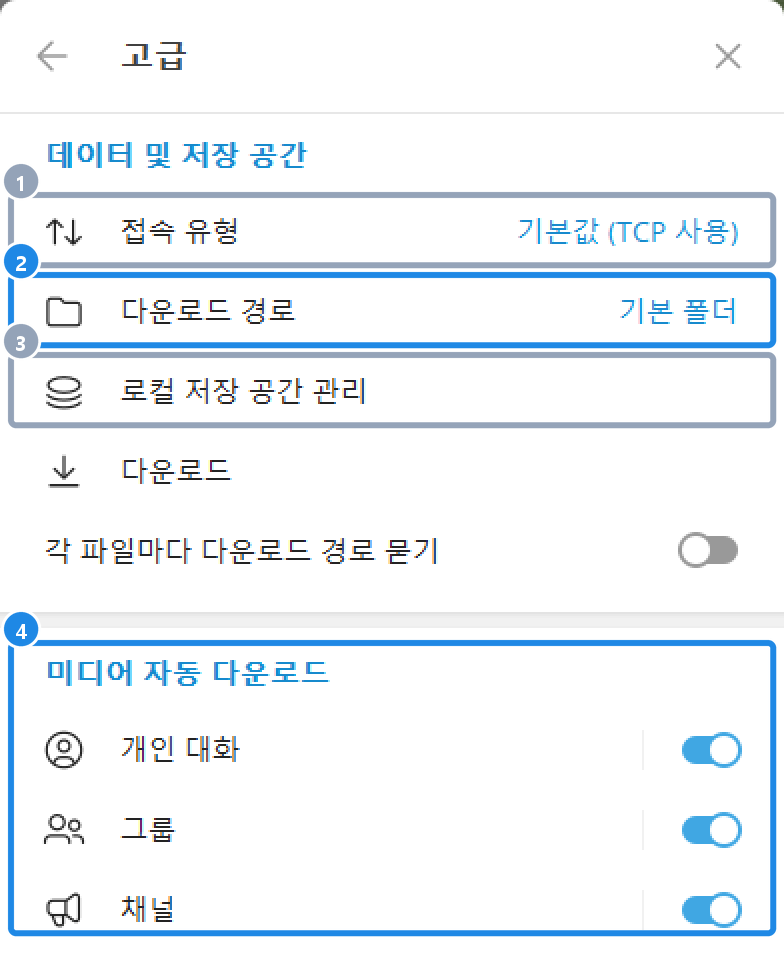 PC 텔레그램 설정 › 고급 화면 위쪽 — 접속 유형 · 다운로드 경로 · 로컬 저장 공간 관리 · 미디어 자동 다운로드