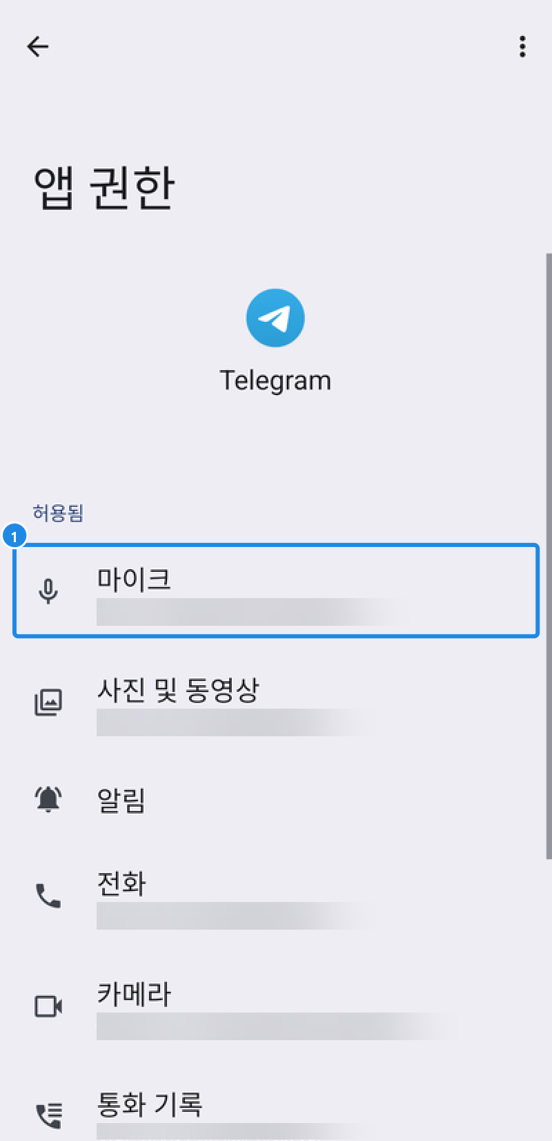 안드로이드 15 휴대폰 설정 › 애플리케이션 › Telegram › 권한 화면 — 허용된 권한 목록의 마이크