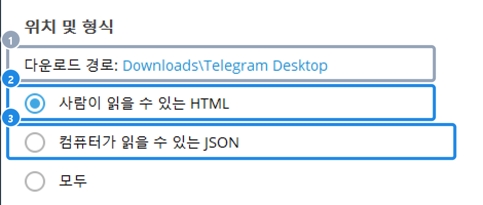 PC 텔레그램 내 데이터 내보내기 창 아래쪽 — 다운로드 경로와 형식(사람이 읽을 수 있는 HTML · 컴퓨터가 읽을 수 있는 JSON · 모두)