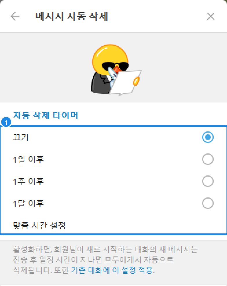 PC 개인 정보 및 보안 › 메시지 자동 삭제 — 자동 삭제 타이머(끄기·1일 이후·1주 이후·1달 이후·맞춤 시간 설정)