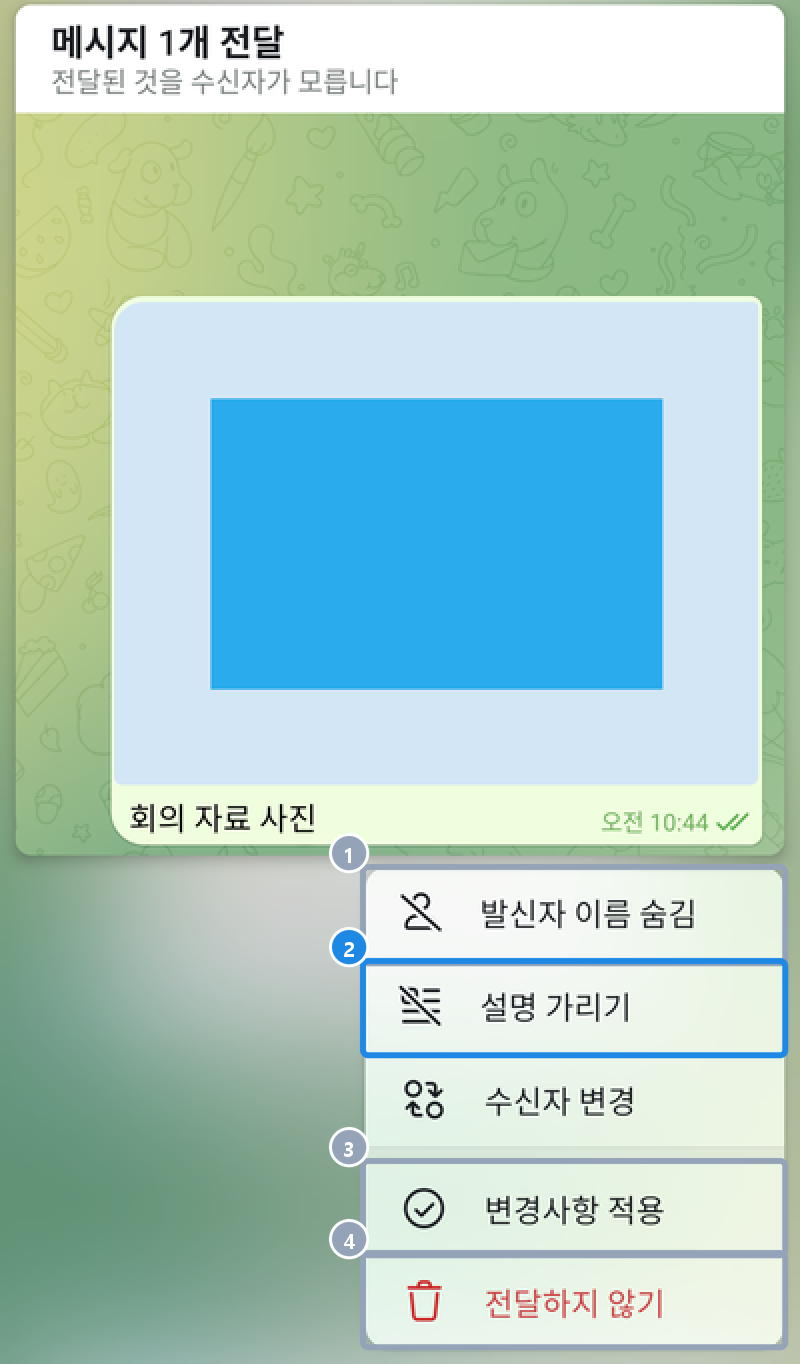안드로이드 12.10.5 설명 있는 사진을 전달할 때 전달 막대를 누른 창 — 발신자 이름 숨김·설명 가리기·수신자 변경