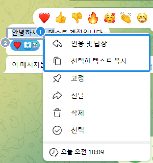 PC 텔레그램 메시지 일부를 끌어 고르고 오른쪽 클릭한 메뉴 — 인용 및 답장·선택한 텍스트 복사