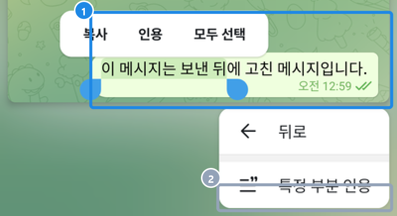 안드로이드 메시지 일부를 손잡이로 고른 상태 — 복사·인용·모두 선택, 특정 부분 인용