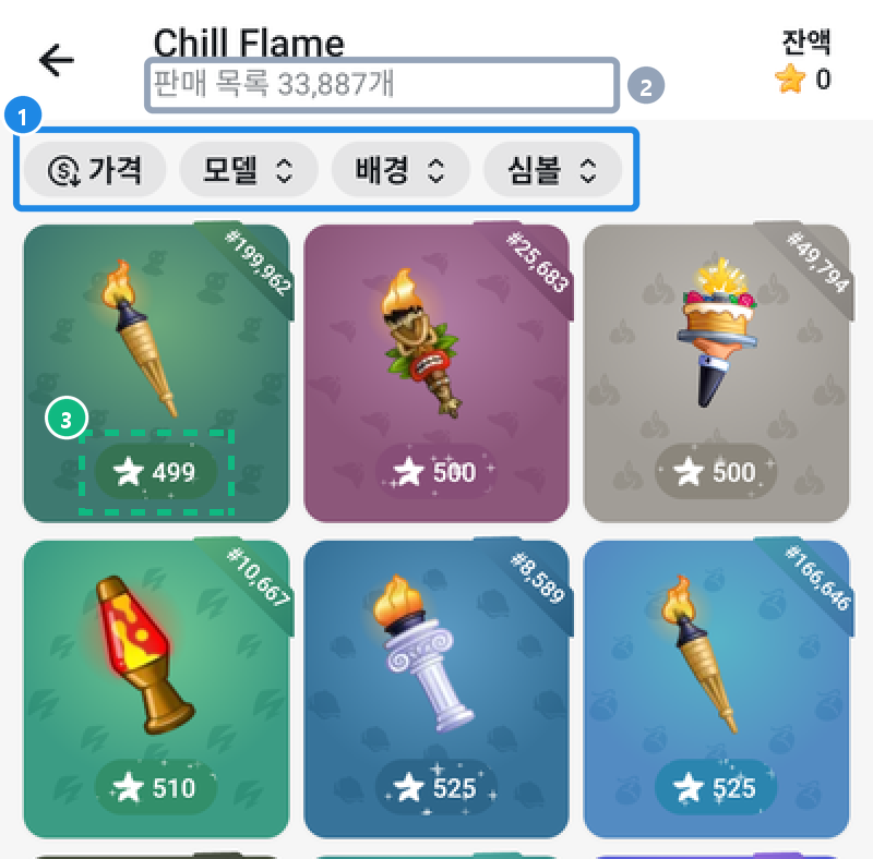 안드로이드 선물 보내기 화면에서 재판매 표시가 붙은 선물을 눌렀을 때 — 판매 목록 개수, 가격·모델·배경·심볼 단추, 번호가 붙은 수집품과 부르는 값(스타)