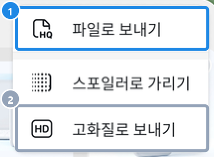 안드로이드 갤러리에서 사진을 고른 뒤 오른쪽 위 ⋮ 메뉴 — 파일로 보내기, 스포일러로 가리기, 고화질로 보내기