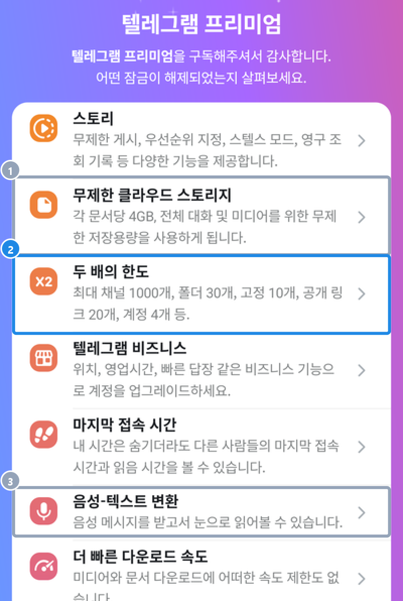 안드로이드 텔레그램 프리미엄 화면 — 스토리, 무제한 클라우드 스토리지, 두 배의 한도, 텔레그램 비즈니스, 마지막 접속 시간, 음성-텍스트 변환, 더 빠른 다운로드 속도