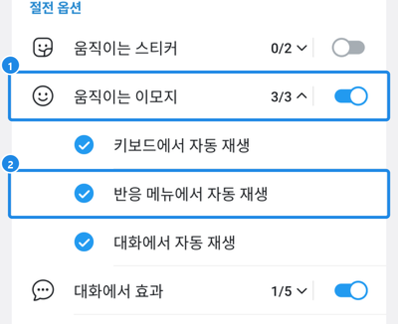 절전 옵션의 움직이는 이모지를 펼친 화면 — 키보드에서·반응 메뉴에서·대화에서 자동 재생