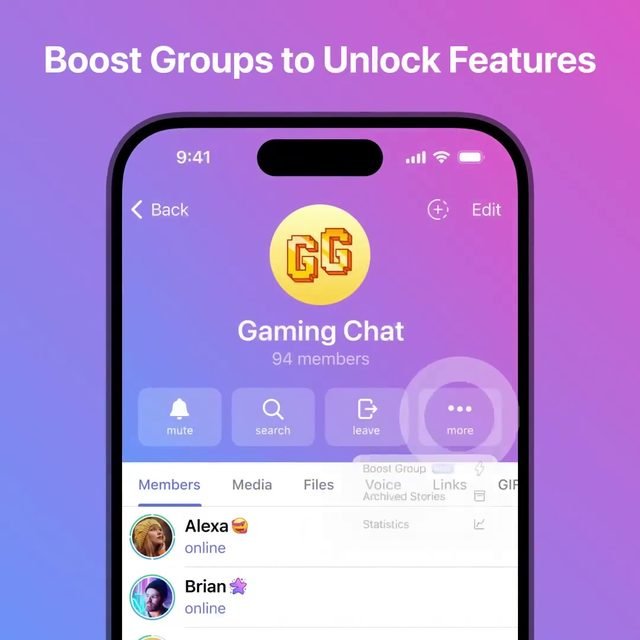 그룹 부스트 그룹 부스트로 레벨업!숨겨진 기능을 해금하세요 멤버들의 부스트 → 레벨 상승 → 스토리·맞춤 이모지·음성 받아쓰기 해금! 부스트 레