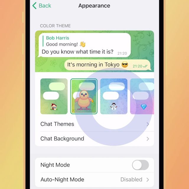 iOS Update 9가지 테마 · 애니메이션 배경 · 그라디언트 버블 · 야간 모드 · 개인화 텔레그램은 단순한 메신저를 넘어, 사용자의 개성