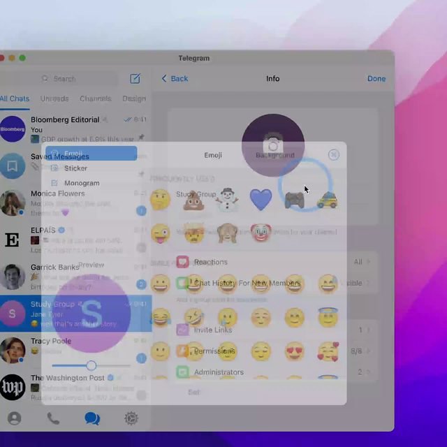 macOS Only 스티커 · 이모지 · 모노그램 · 그라디언트 배경 macOS 텔레그램에서는 움직이는 스티커나 이모지로 프로필을 꾸밀 수 있습